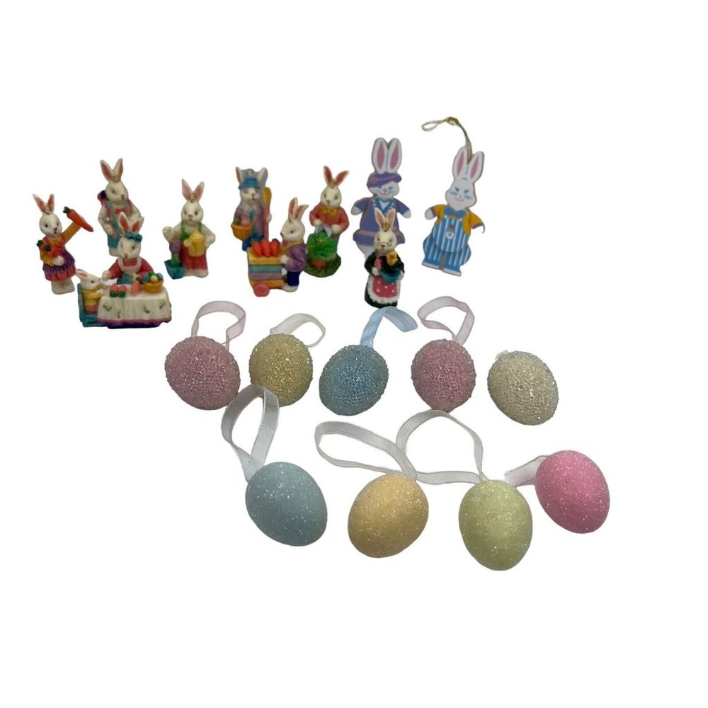 19 Easter Tree Ornaments Resin & Wooden Rabbits Foam Eggs READ DESCRIPTION